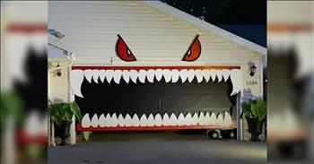 Mom Turns Garage Door Into Giant Monster For Halloween