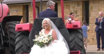 Bride Arrives To Wedding On Tractor Driven By Her Father